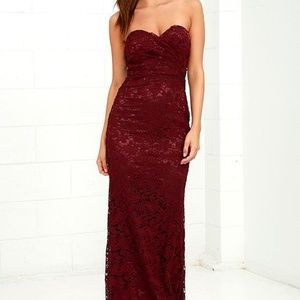 Inherent Beauty Burgundy Lace Strapless Maxi Dress